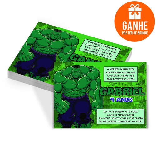 Imagem 1 de 5 de 10 Convites Aniversário Infantil Hulk Vingadores +brinde