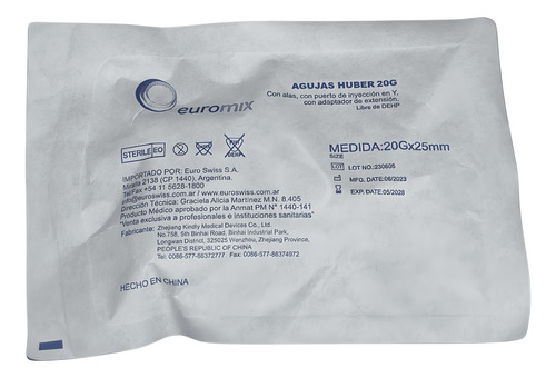 Aguja Huber Poly Port 20g X 25mm Pack X 5 Unidades