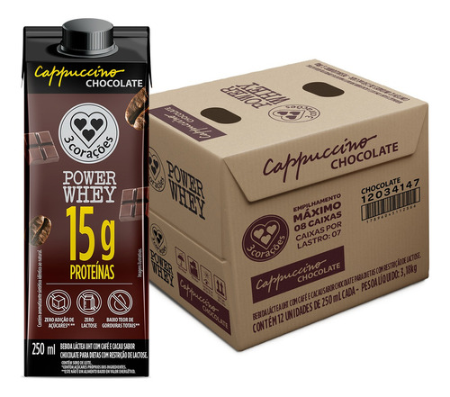 Kit Cappuccino Chocolate Power Whey 12 Unidades Com 250ml Cada 3 Corações