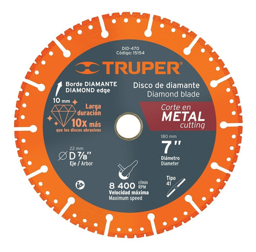 Disco De Diamante, 7'' Corte Metal Truper 15154 Color Naranja