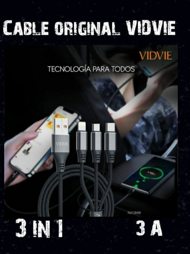 Imagen 1 de 3 de Cable Original Vidvie 3 En Uno 1 iPhone, Tipo C Y V8 