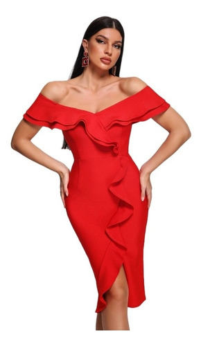 Vestido Bandage Rojo Olanes Abertura Pierna Elegante