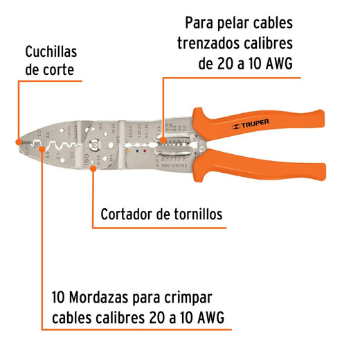 Pinza Pelacable Corte Trenzado Crimpadora 20 A 10 Awg