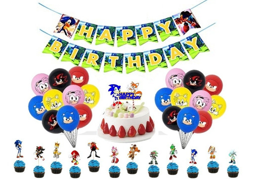 Cotillón Sonic Banner Globos Decoración Torta Cupcakes