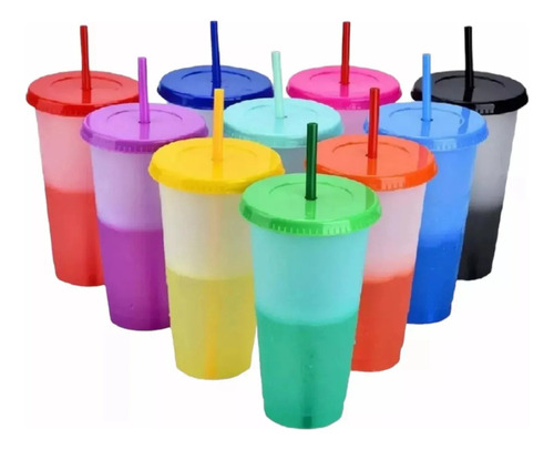 Para Vasos Mágicos Cambia Color Con Tapa Y Popote 710ml 10