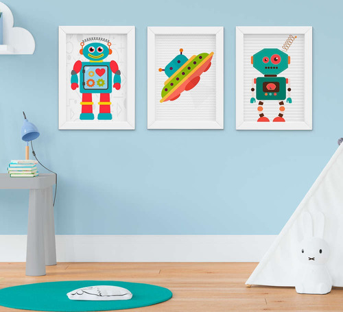 Quadro Infantil Quarto Bebê Menino Robô E Nave - 1151a