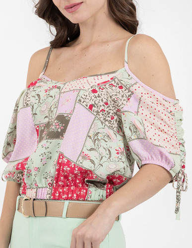 Blusa Estampada  Con Tirantes  Y Elástico En La Cintura