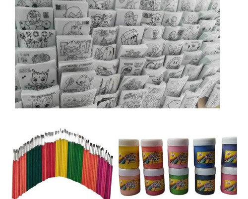 50 Pellon Para Colorear + 10 Pinturas De 50 Ml + 10 Pincels 