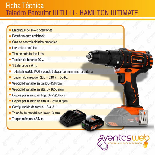 Imagen 9 de 10 de Taladro Percutor Atornillador Hamilton 20v Maletin Kit Bosch
