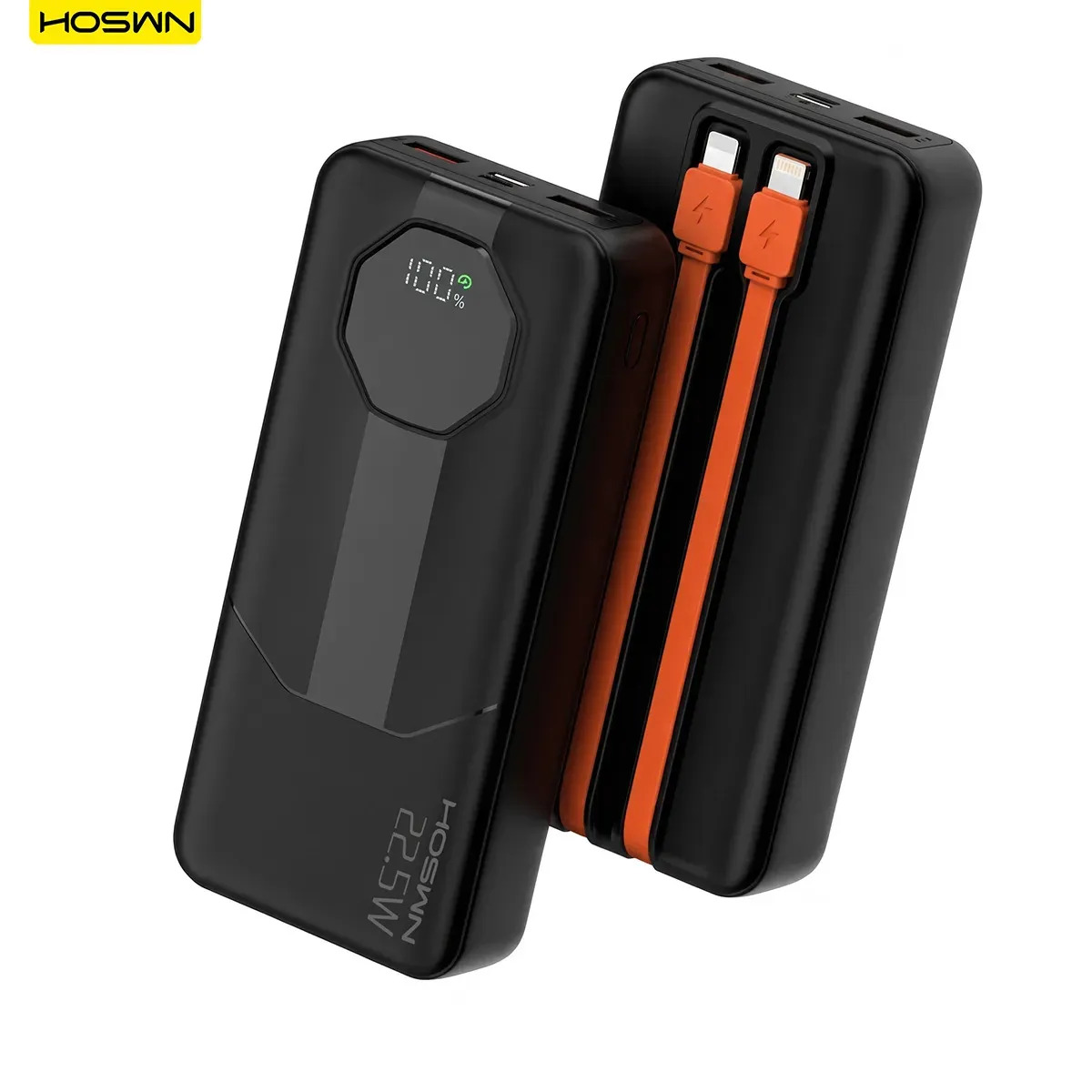 Power Bank HOSWN 50000mAh Preto, Carga Rápida 22.5W para iPhone e Samsung, Com Cabos Embutidos e Display