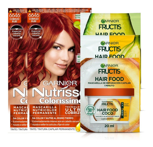 Pack Coloracion 6646 Cobrizo Rubí Rojo Nutrisse + 3x Hair
