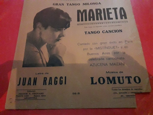 Partitura Cuentos Viejos Tango Marieta Azucena Maizani Raggi (Usado)