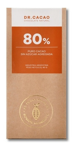 Chocolate Puro Dr Cacao Al 80% - Sin Azúcar (2 Unidades)