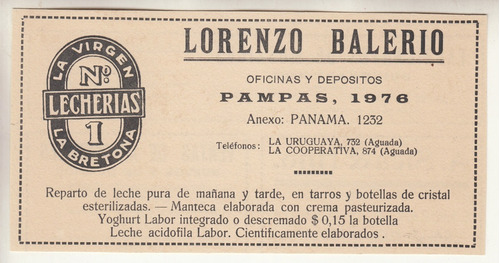 1928 Publicidad Lecherias Virgen Y Bretona Pre Conaprole  