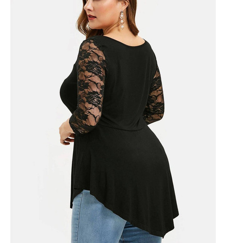 Blusa Tallas Grandes Mujer Solid Floral Encaje O-cuello Asim Blusa Tallas Grandes Mujer Solid Floral Encaje O-cuello Asim