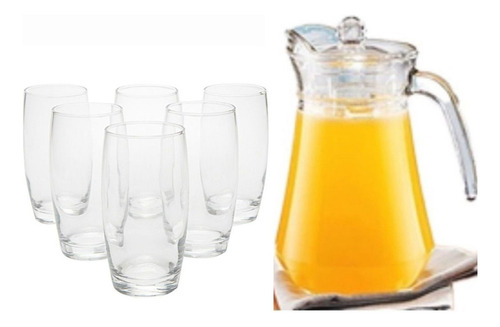 Kit Jarra De Vidro Com Tampa 1.6l + 6 Copos Vidro 300ml Oca