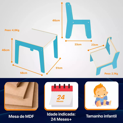 Mesa Com Cadeirinha De Madeira Resistente Para Crianças Azul
