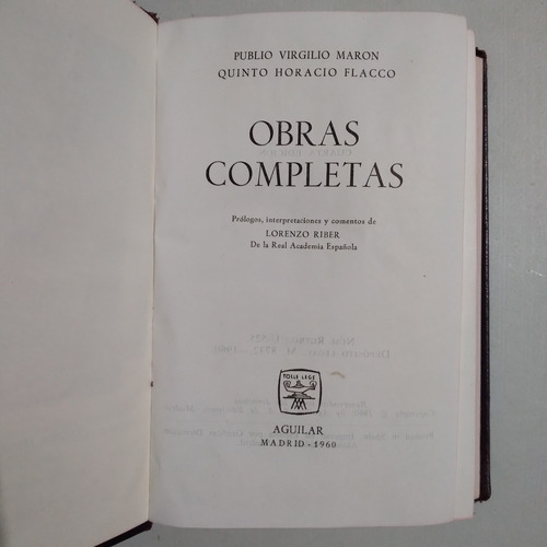 Virgilio, Horacio, Obras Completas, Ed. Aguilar 1960 Madrid (Usado)
