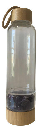 Garrafa De Vidro Bambu Com Cristal Ametista Roxa 500ml