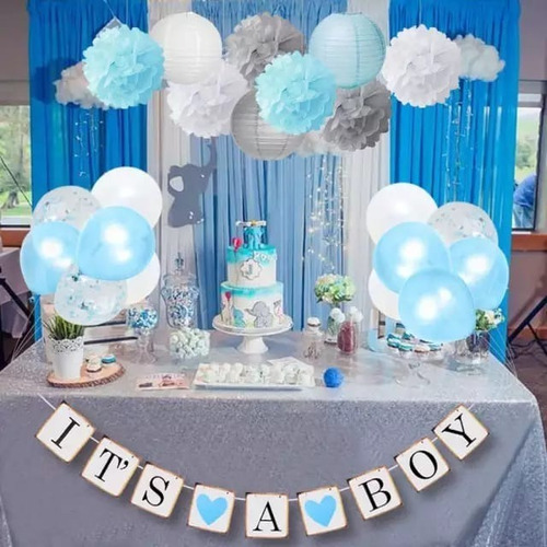 Globos Para Baby Shower Niño Azul Kit Decoración Elefantito