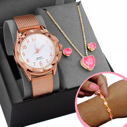 Pulseira + Relogio Feminino Prova Dagua Banhado Moda Rose