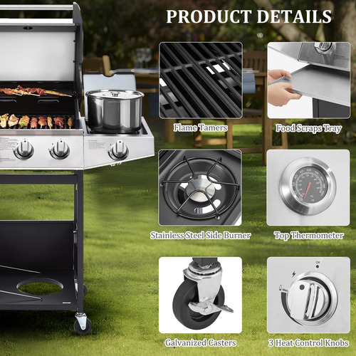Unovivy 3-burner Propane Gas Bbq Grill With Side Burner &