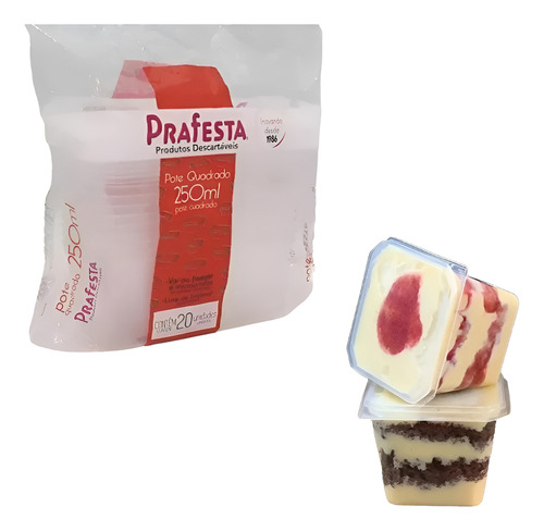 Pote Quadrado 250ml C/ Tampa 20 Unid Para Doces E Salgados