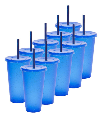 70 Vasos Uupz Sun 709 Ml Con Tapa Y Popote De Plastico Azul Glitter