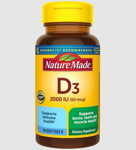 Vitamina D3 2000ui 50 Mcg 90 Capsulas Nature Made Americano Sabor Sin sabor