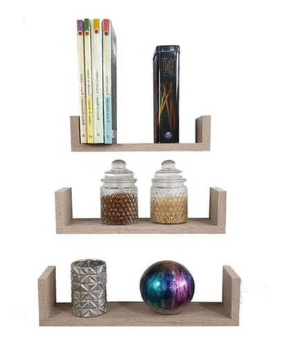 Imagen 1 de 10 de Set De 3 Repisas Flotantes Estilo U 30 X 15 Cm Color Teca Ártico