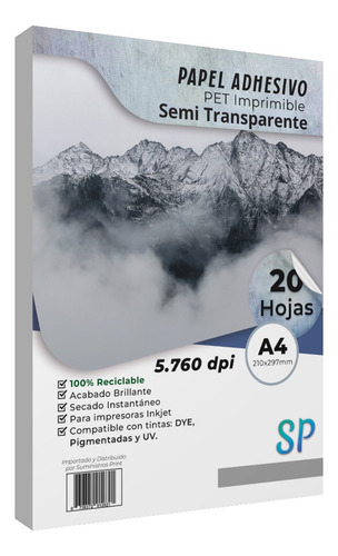 Adhesivo Imprimible Pet Transparente Niebla A4 X 20 Hojas Color Blanco