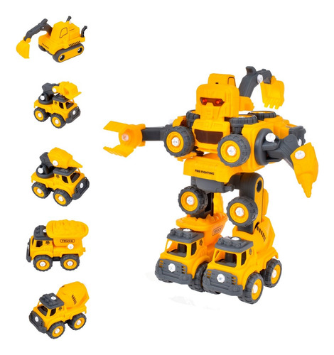 Playset 5 En 1 Vehículos Construcción Robot Luz Y Sonido