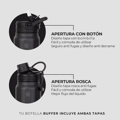 Termo Botella Termica Agua Acero Inoxidable Buffer 1l 3tapas Negro