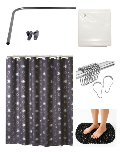 Caño Curvo De Ducha + Cortina De Baño + Alfombra + Ganchos Negro Ojo Turco