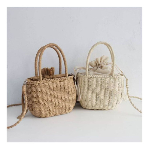 Práctico bolso de playa de paja pequeño de color caramelo para verano