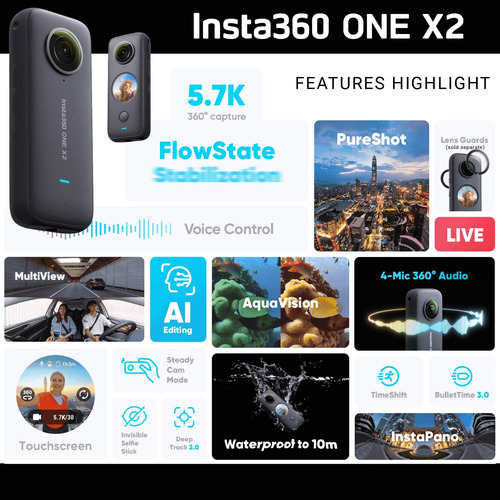 Cámara 360 Insta360 One X2 Con Pantalla Táctil 5.7k30, Vídeo