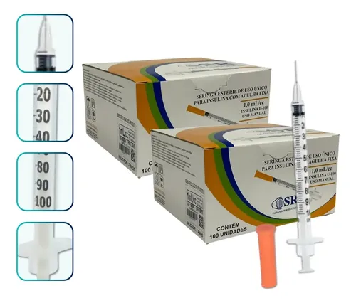 Seringa Insulina com Agulha Fixa 1ml 8mm X 0,30mm 200un Sr 1 Ml - foto 1