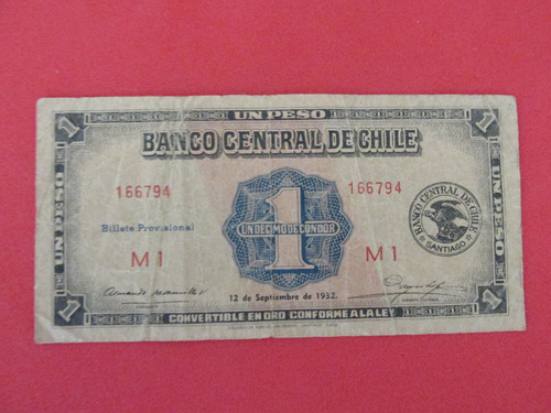 Billete Chile 1 Peso Firmado Jaramillo - Meyerholz Año 1932