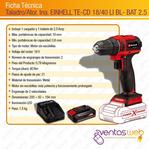 Taladro Atornillador Brushless 18v Einhell + Bateria 2,5 Amp