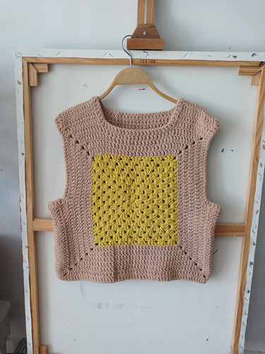 Chaleco Crochet Chenille Felpudo Tejido A Mano Cuadros