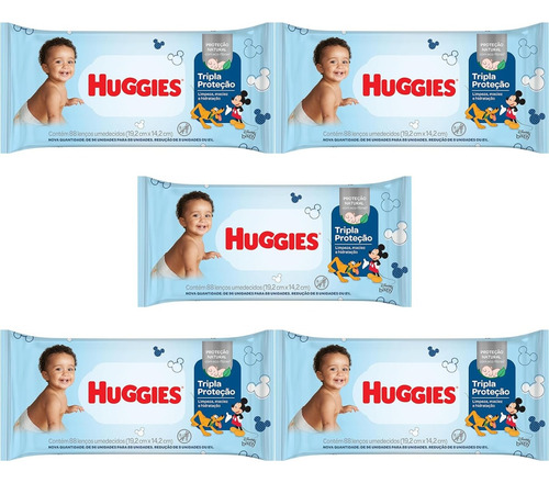 Kit C/ 5 Lenço Umedecido Tripla Proteção Huggies 88un Cada