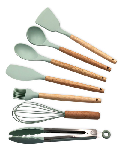 Conjunto De Utensilios Silicone Cozinha 8 Peças - Verde Clar
