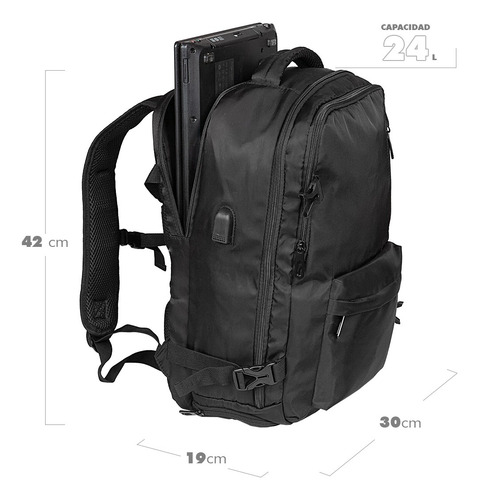 Mochila Viajera Waterdog 24l Notebook Carga Usb Con Manija Color Negro