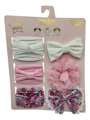 Diadema Banda Moño Bebe Niña 6pk Importado Blanco Rosa Flores