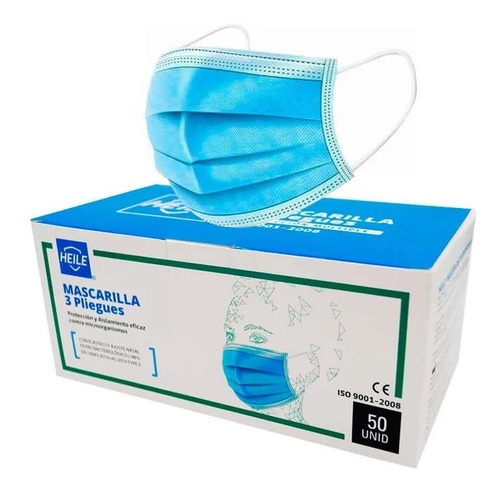 Mascarilla 3 Pliegues Azul Caja 50 Un Heile Certificadas