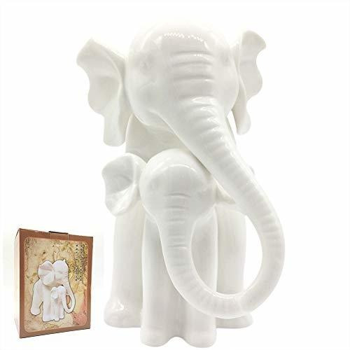 Figura Elefante Madre Y Bebé En Porcelana Blanca