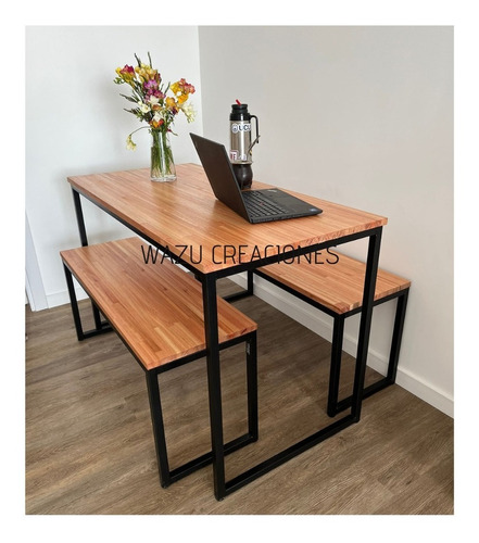 Juego Comedor Mesa Y Bancos Hierro Y Madera Finger Wazu Deco