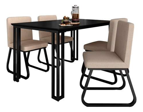 Mesa Com 4 Cadeiras Industrial 1,36 Deli Pt/pt/bege - M.a Cor Preto Fosco/preto/linho Bege Desenho do tecido das cadeiras Tecido em Linho