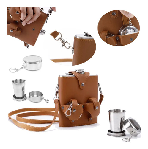 Licorera Acero Inoxidable 18 Oz Forro Cuero Marrón 2 Vasos