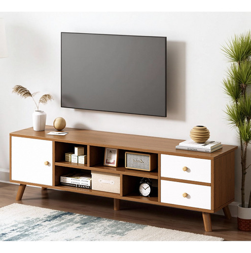 Mueble Para Tv Rack Modelo Estilo Vintage Mesa Con 3 Puertas Roble Salvaje + Color Blanco Cálido